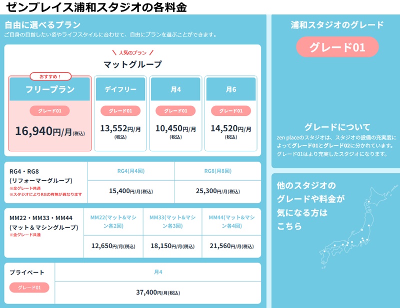 ゼンプレイスピラティス浦和の料金