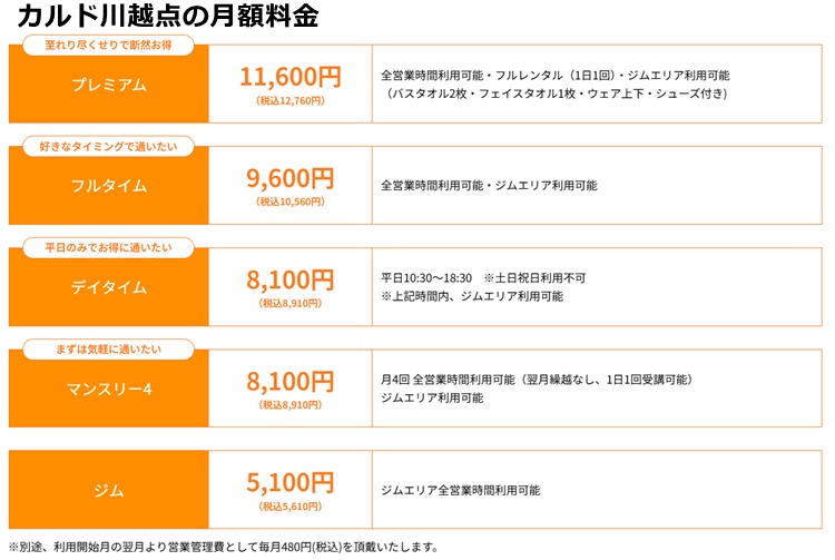 カルド川越店の料金
