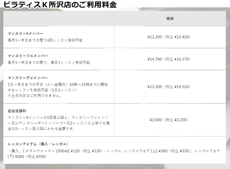 ピラティスk所沢店の料金