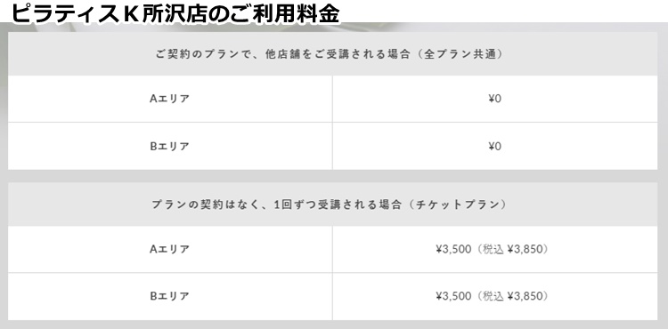 ピラティスk所沢店の料金