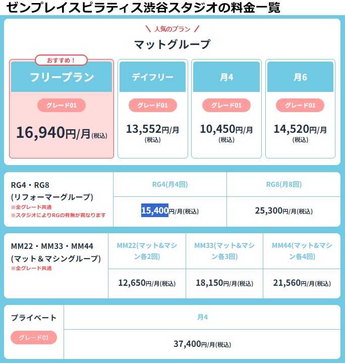 ゼンプレイスピラティス料金