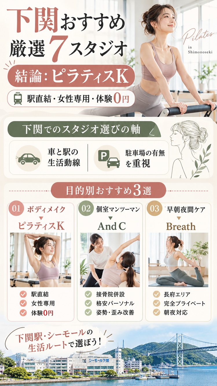 下関でおすすめのピラティススタジオ、ピラティスkシーモール下関がおすすめの理由を図解
