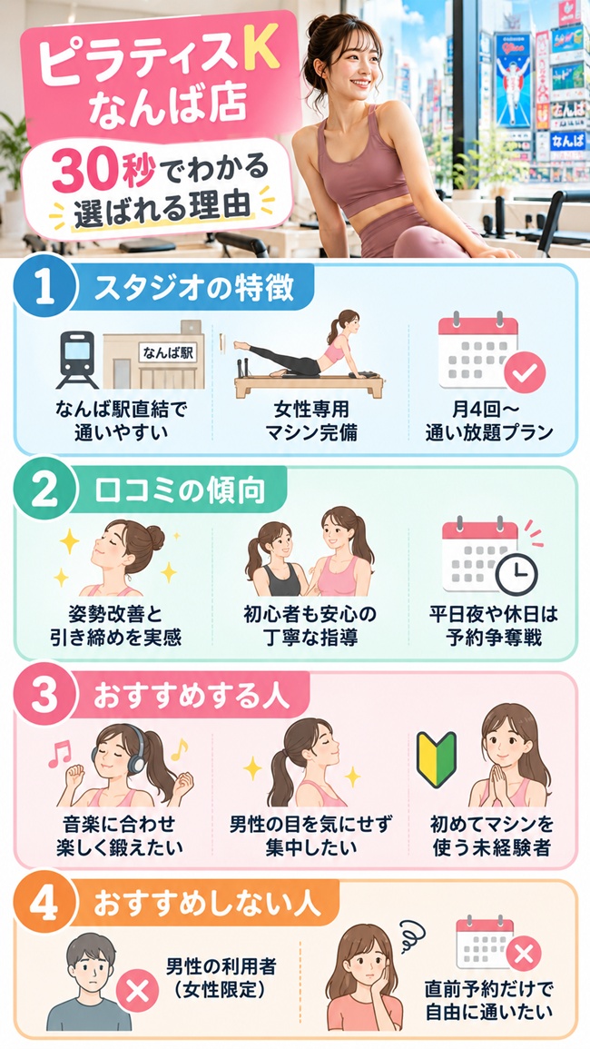 ピラティスkなんば店の口コミやおすすめする方などの解説図