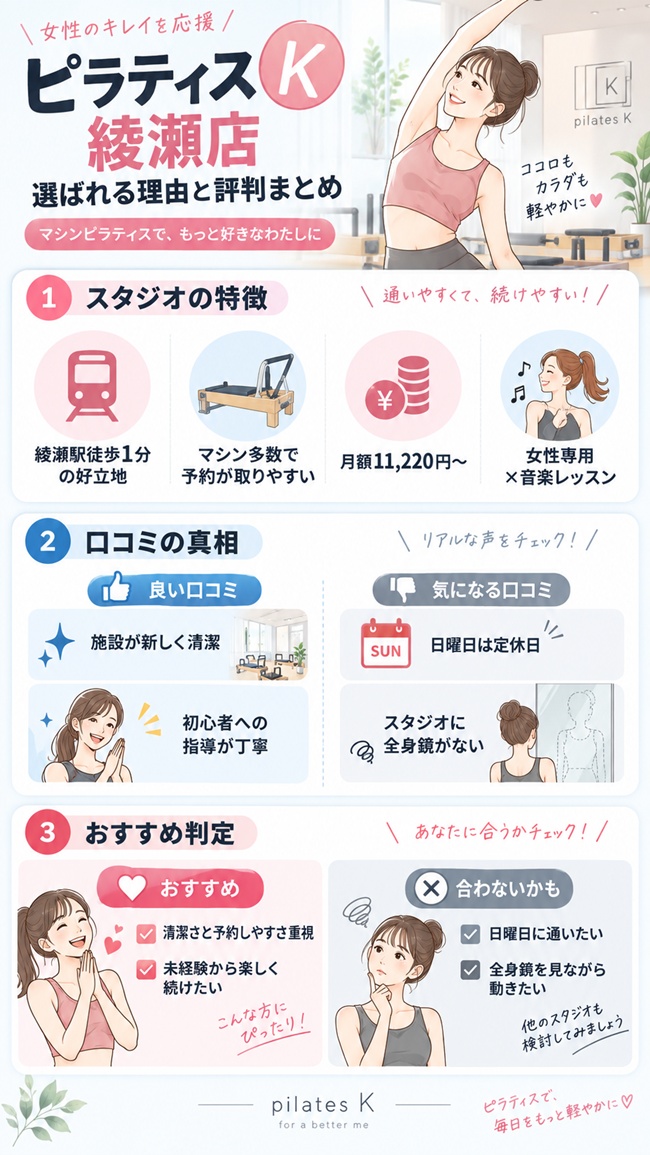 ピラティスK綾瀬店の口コミと、おススメする人などのまとめ図