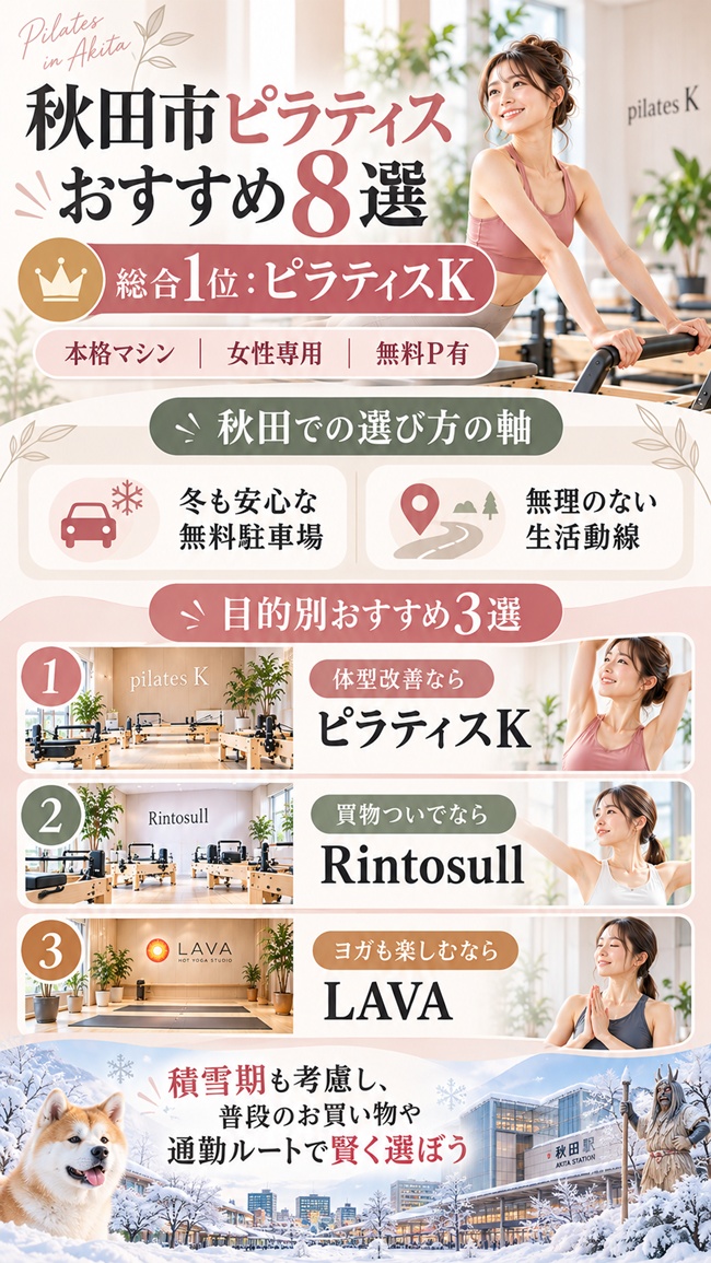 秋田市内でおすすめのピラティススタジオ、ピラティスK秋田店をおすすめする根拠図解