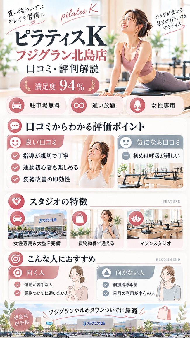 ピラティスKフジグラン北島店の口コミとおすすめするひとなどまとめ図解