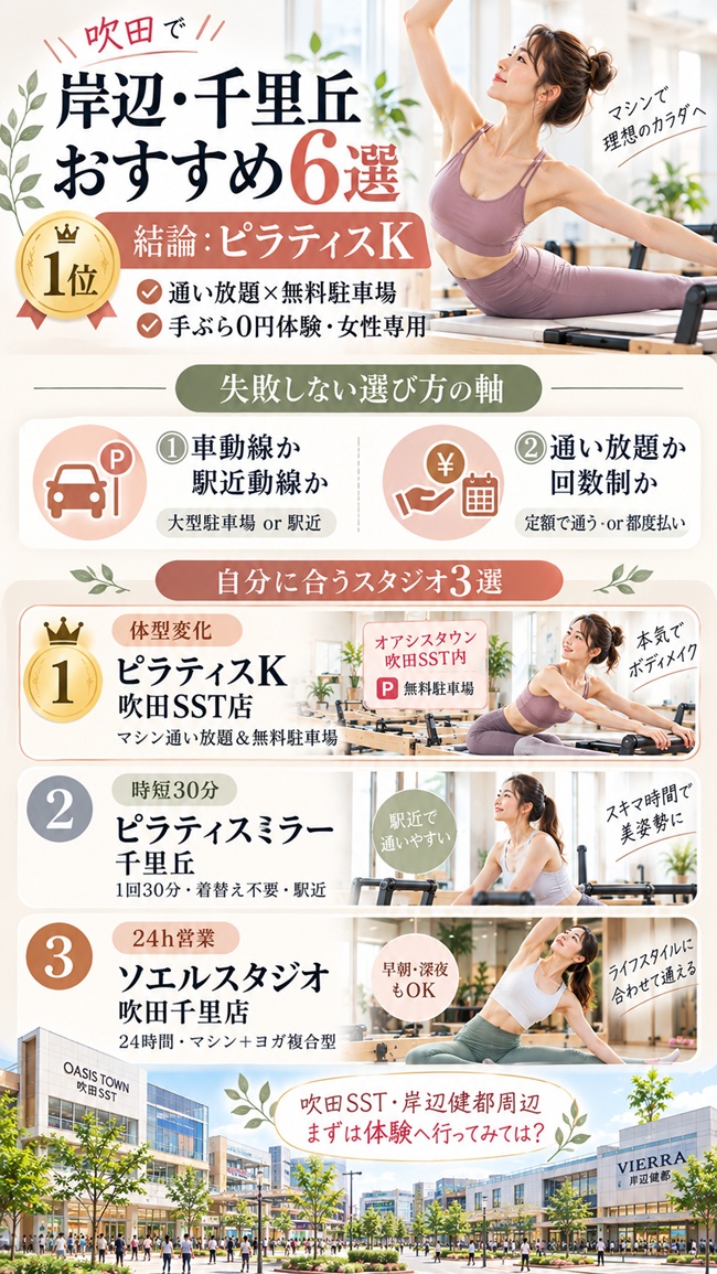 岸辺・千里エリアでおすすめのピラティススタジオ、ピラティスk吹田SST店がおすすめの根拠図解