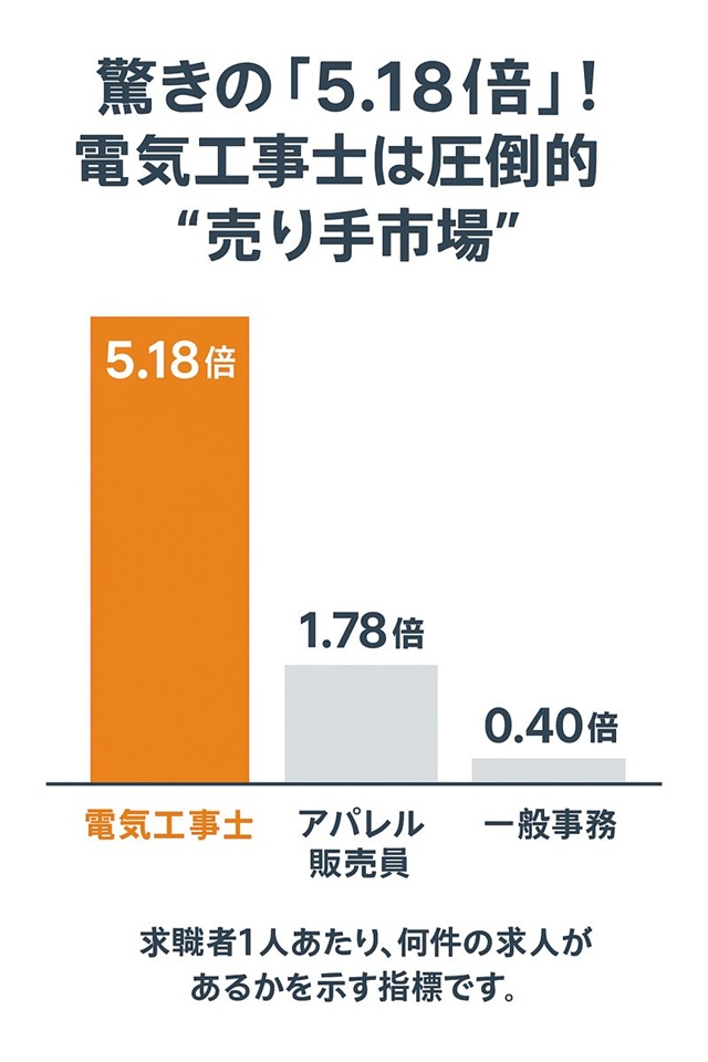 電気工事士、アパレル販売員、一般事務の有効求人倍率を比較する棒グラフ。電気工事士が5.18倍で最も高く、圧倒的な売り手市場であることを示している。
