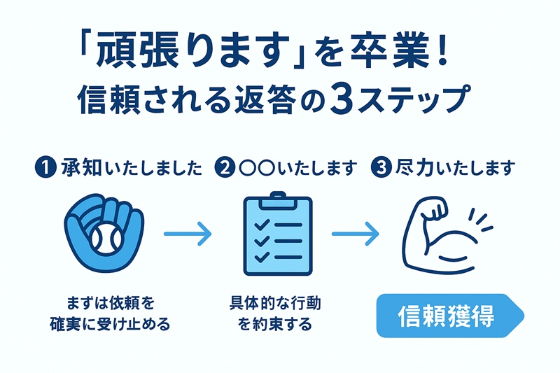 「頑張ります」の言い換えで信頼を獲得する3ステップを示した図解。ステップ1は「承知いたしました」で依頼を受け止め、ステップ2は「〇〇いたします」で行動を約束し、ステップ3は「尽力いたします」で決意を示します。