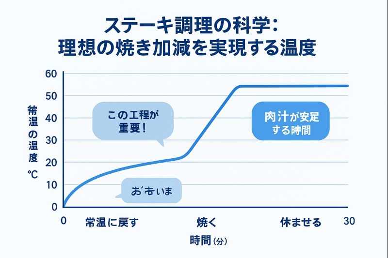 シャトーブリアンのステーキを科学的に調理する際の、肉の中心温度の時間変化を示したグラフ。常温に戻す、焼く、休ませる各工程の重要性を示している